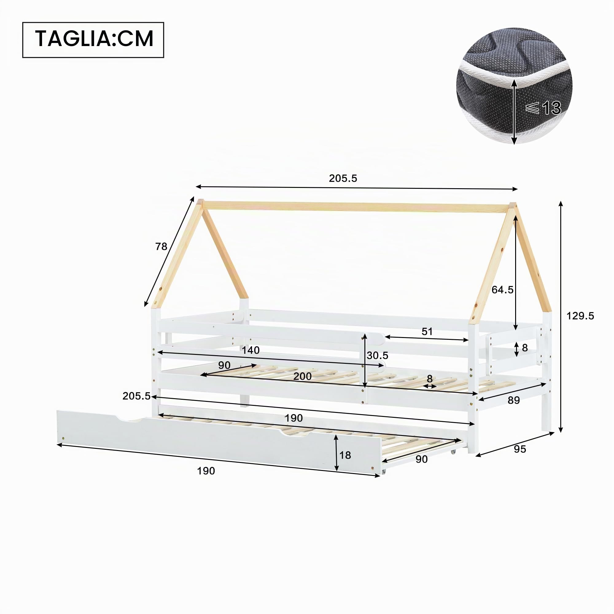 Letto per casetta sull'albero 200 x 90 cm, letto singolo, letto estraibile, letto scorrevole con ruote inferiori, in legno massello, bianco
