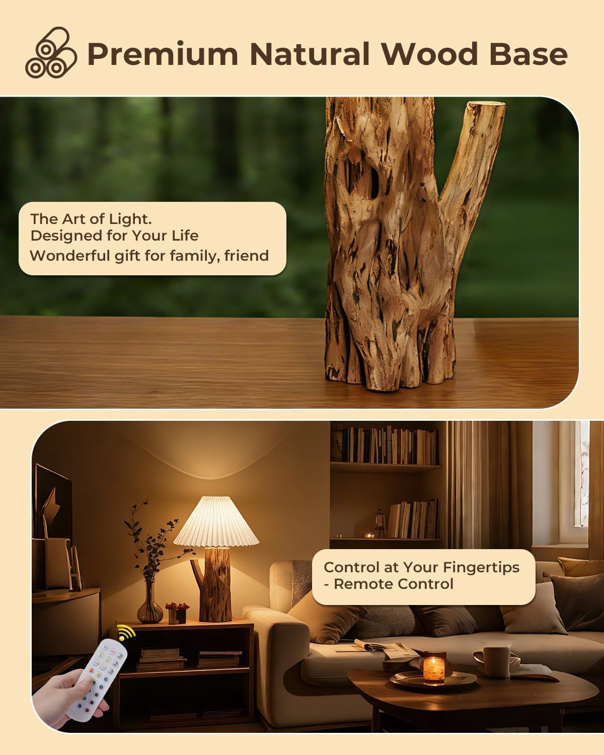 Rechargeable Wireless Table Lamps Set of 2 for Living Room, 12RGB+3CCT Tree Trunk Wood Dimmable Bedroom Lamps with Remote Control, Battery Powered Rustic Bedside Lamps for Bedroom