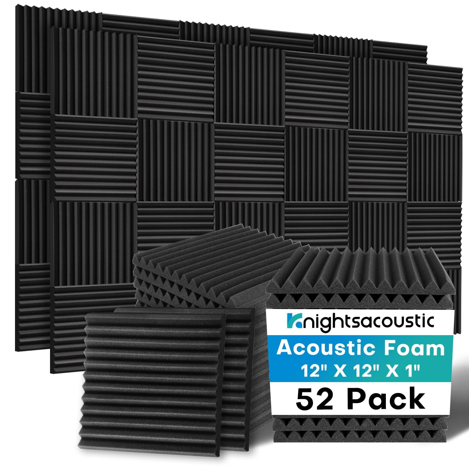 52 Pack Acoustic Foam Panels, 1 X 12 X 12 Inches Sound Proof Foam Panels for Walls, High Density Acoustic Panels Sound Absorbing, Black Noise Cancelling Studio Wedges (NOT Include Adhesive)
