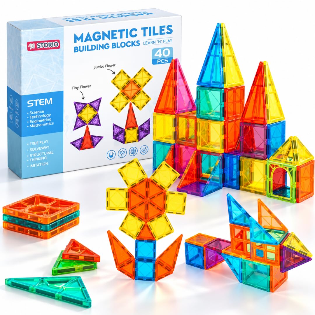 Storio 3D Magnetic Tiles Building Blocks for Kids 3-8 Years - 40 pcs | STEM Learning Educational Toy | Creative Construction Toys | Preschool Brain Development Toy | Birthday Gift for Boys & Girls