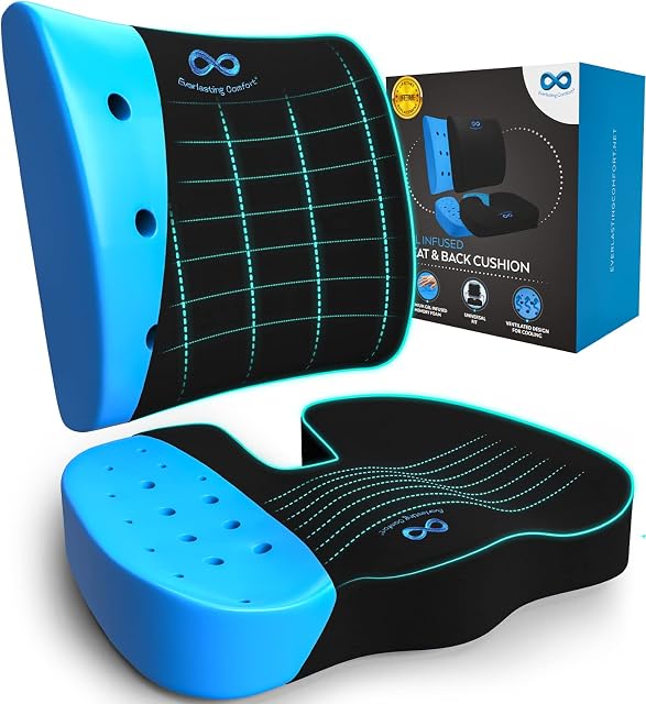 Everlasting Comfort Lumbar Support and Office Chair Cushion Combo - Gel Memory Foam Chair Cushions for Desk, Car Seat, Travel - Ergonomic Back and Coccyx Support