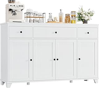 HIFIT 55" Large Kitchen Buffet Cabinet with Storage Drawers, Modern Sideboard Buffet Table Storage Cabinet with Doors and Shelves, Wood Coffee Bar Cabinet for Kitchen Dining Living Room, White
