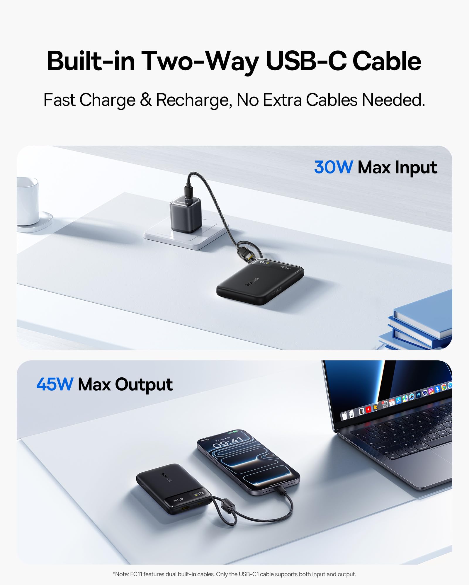 Baseus FC11 Powerbank 45 W, 10 000 mAh, z 2 wbudowanymi kablami USB-C, Power Bank Klein certyfikat CCC z wyświetlaczem LED, zewnętrzne akumulatory do telefonów komórkowych Mini do iPhone 17/16/15/14