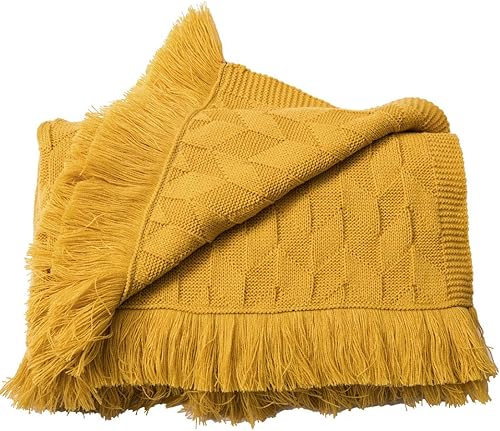 vctops Manta de punto vintage con flecos de borlas texturizada, sólida, acogedora, ligera, decorativa para cama, sofá (amarillo mostaza, 31 x 79