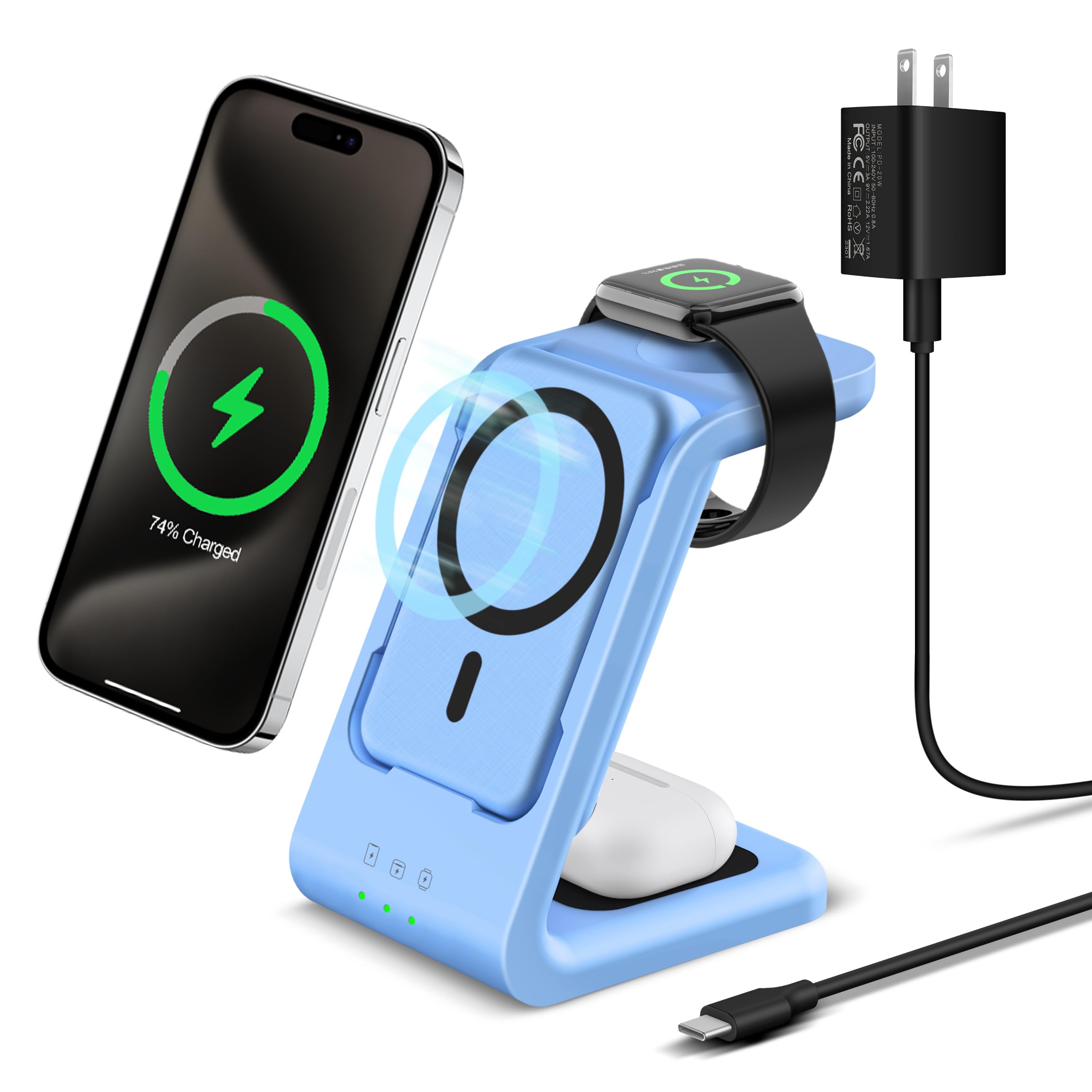 Smtcsl 3 in 1 Wireless Charging Station: 5000mAh Removable Power Bank Charger Stand for Phone/Watch/Air Pods - Portable Magnetic Battery Pack for Air 17 16 15 14 13 12 Series Blue