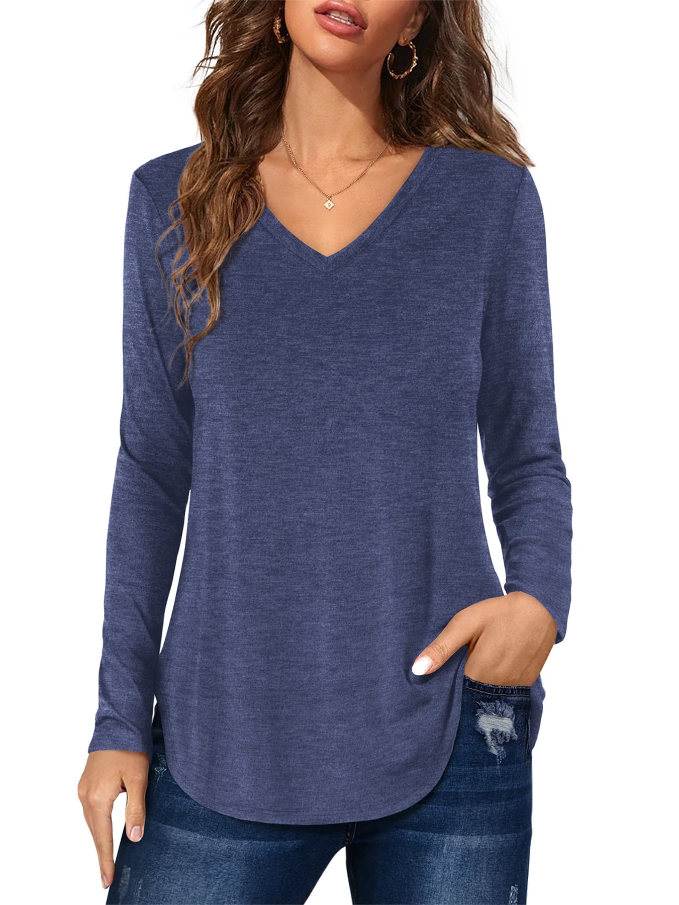 Florboom Tunika Damen Langarm/Kurzarm V Ausschnitt Oberteil Shirts Basic Casual Longshirt