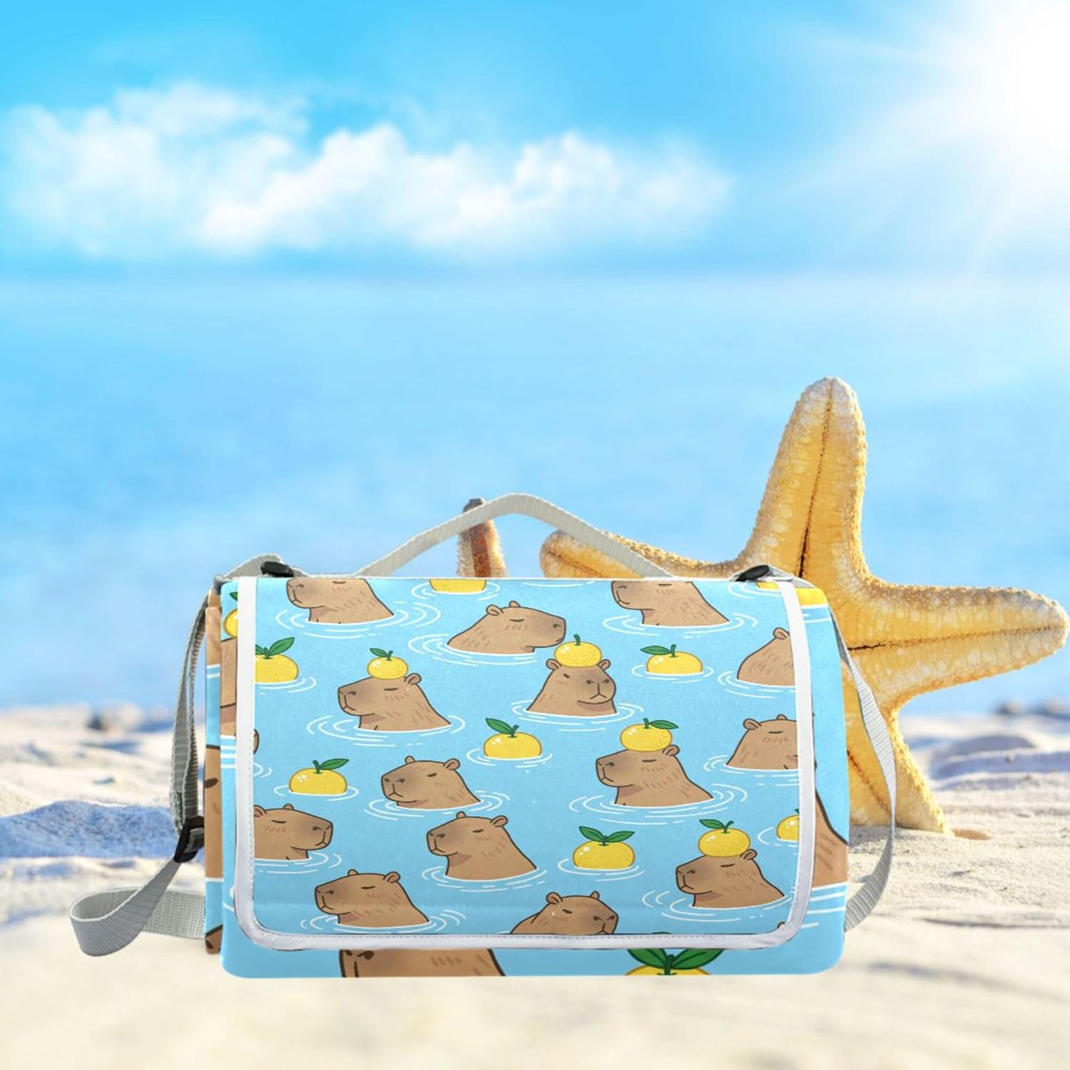 MNSRUU Picnic Blanket Waterproof Foldable, Capybara and Oranges Large Outdoor Picnic Beach Camping Blanket Travel Mat, Shoulder Strap Tote, Rectangle 57x59in