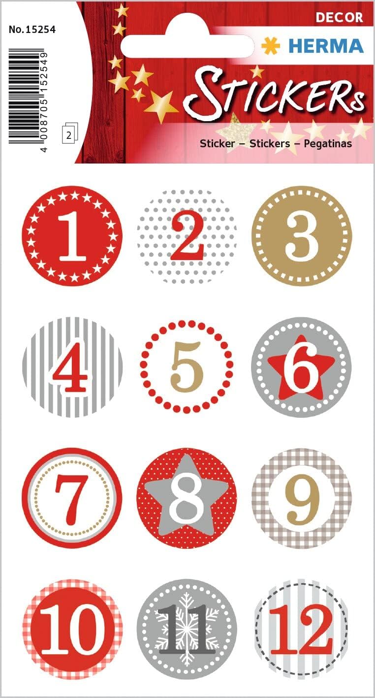 HERMA 15254 Christmas Stickers, Red Numbers 1-24 (24 Stickers, Paper, Glitter) Self-Adhesive Christmas Decoration, Permanent Adhesive Labels for Christmas, Gifts, Crafts, Advent Calendar