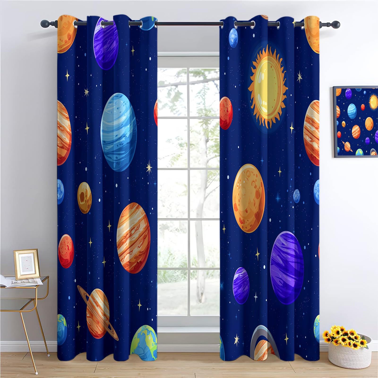 Générique Zasłony izolowane termicznie, 140 L x 260 H cm, zestaw 2 zasłon z kreskówkowym systemem słonecznym, z przelotkami, zaciemniające, redukcja hałasu, do sypialni i salonu, granatowe