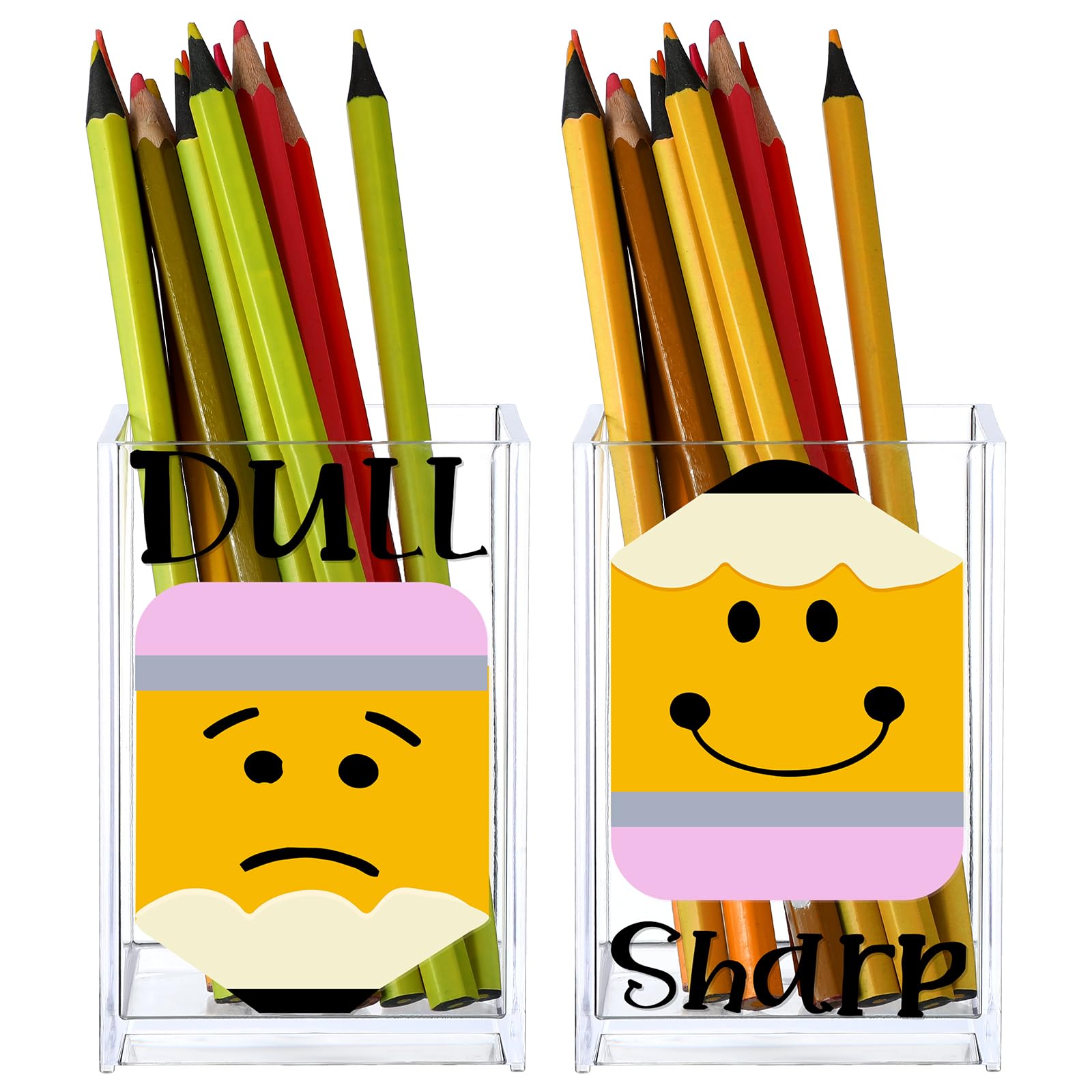 2 Pack Clear Acrylic Pencil Pen Holder Cup Sharp and Dull Pencil Holder with 2 Pencil Stickers Acrylic Makeup Brush Organizer Desk Accessories Holder or Back to School Teachers Classroom