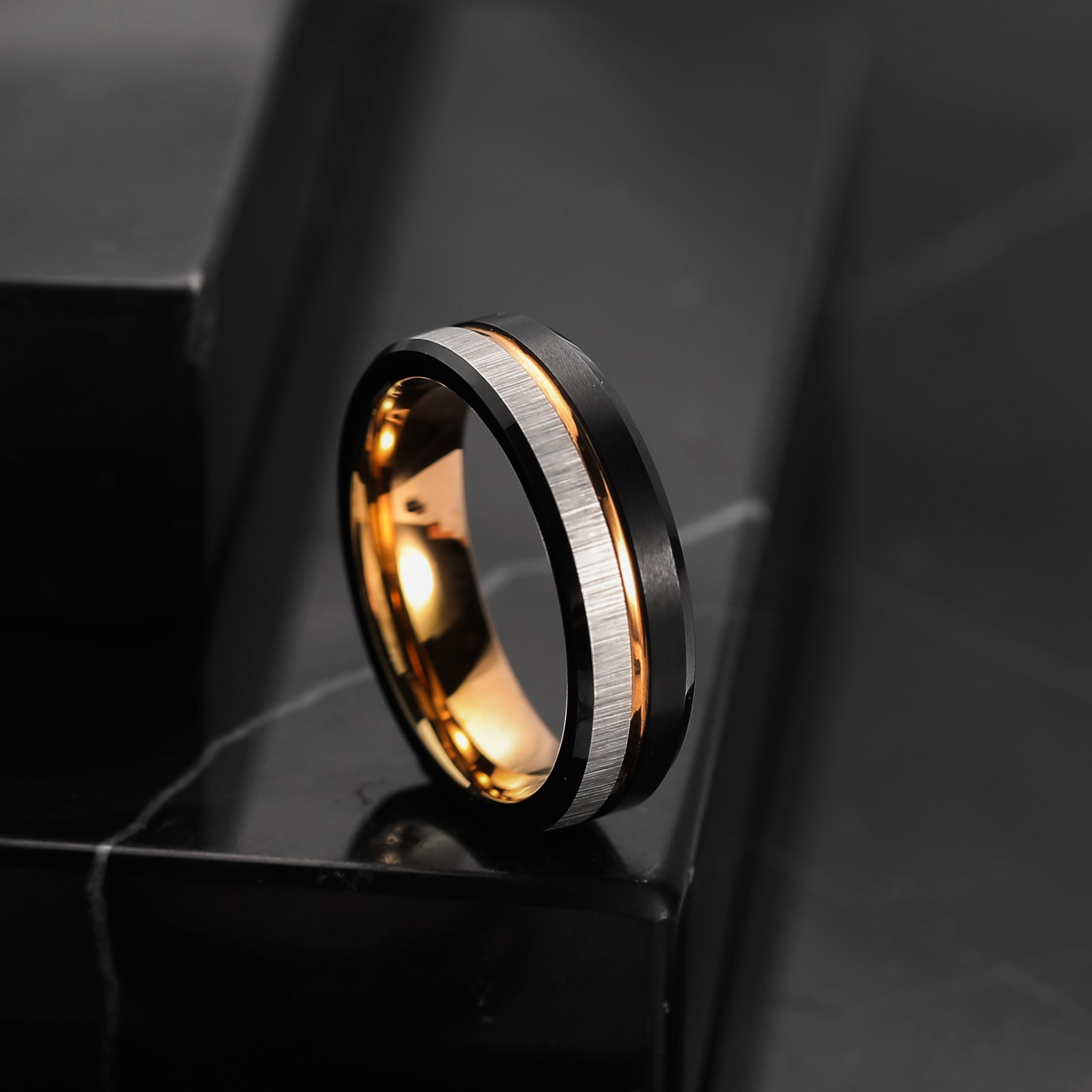 King Will Anello in carburo di tungsteno con anello in oro rosa, 8 mm, colore: nero e argento spazzolato