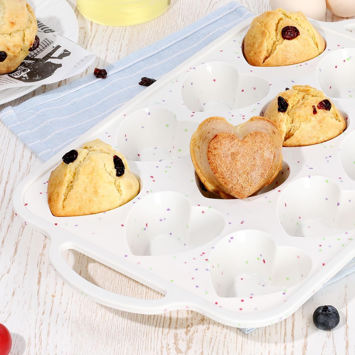CAKETIME Heart Shaped Silicone Muffin Pan, Metal Reinforced Frame 12 Cups Silicone Molds for Valentine's Day Baking Muffins, Cupcakes, Tartlets, Egg Bites, Chocolate Muffin, Soaps 2 Pack