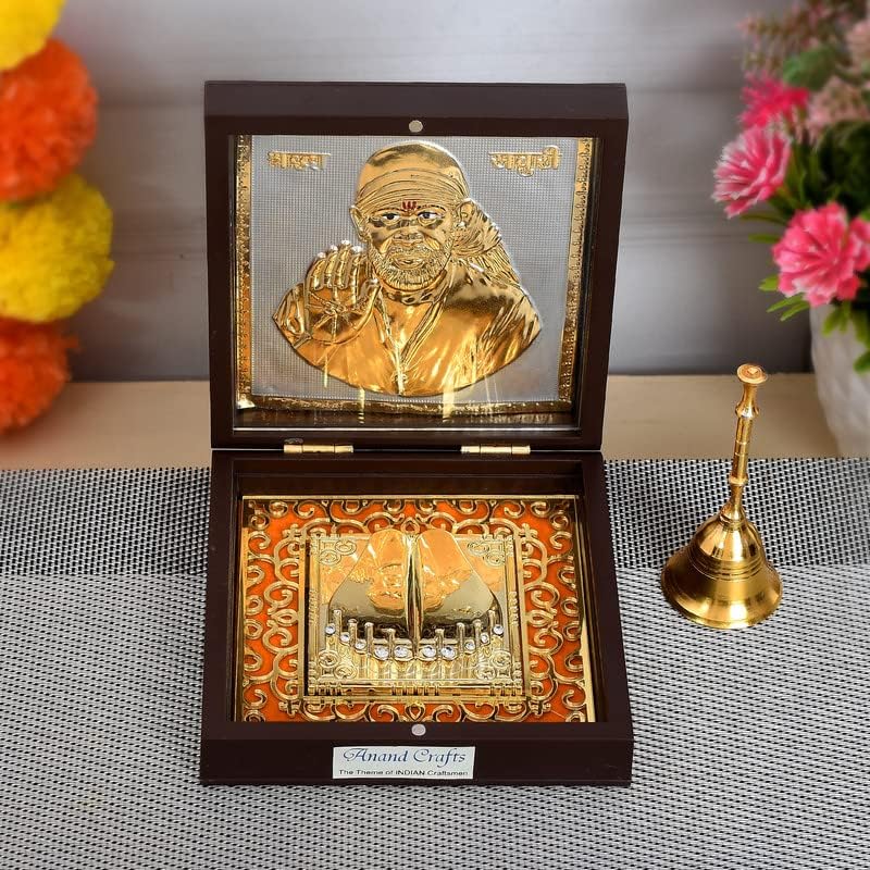 JAIPUR ACE Om Sai Ram Shirdi Sai Baba Gold Plated Charan Paduka Yantra for Health, Wealth, Prosperity & Success with Wooden Box for House Warming and Gift