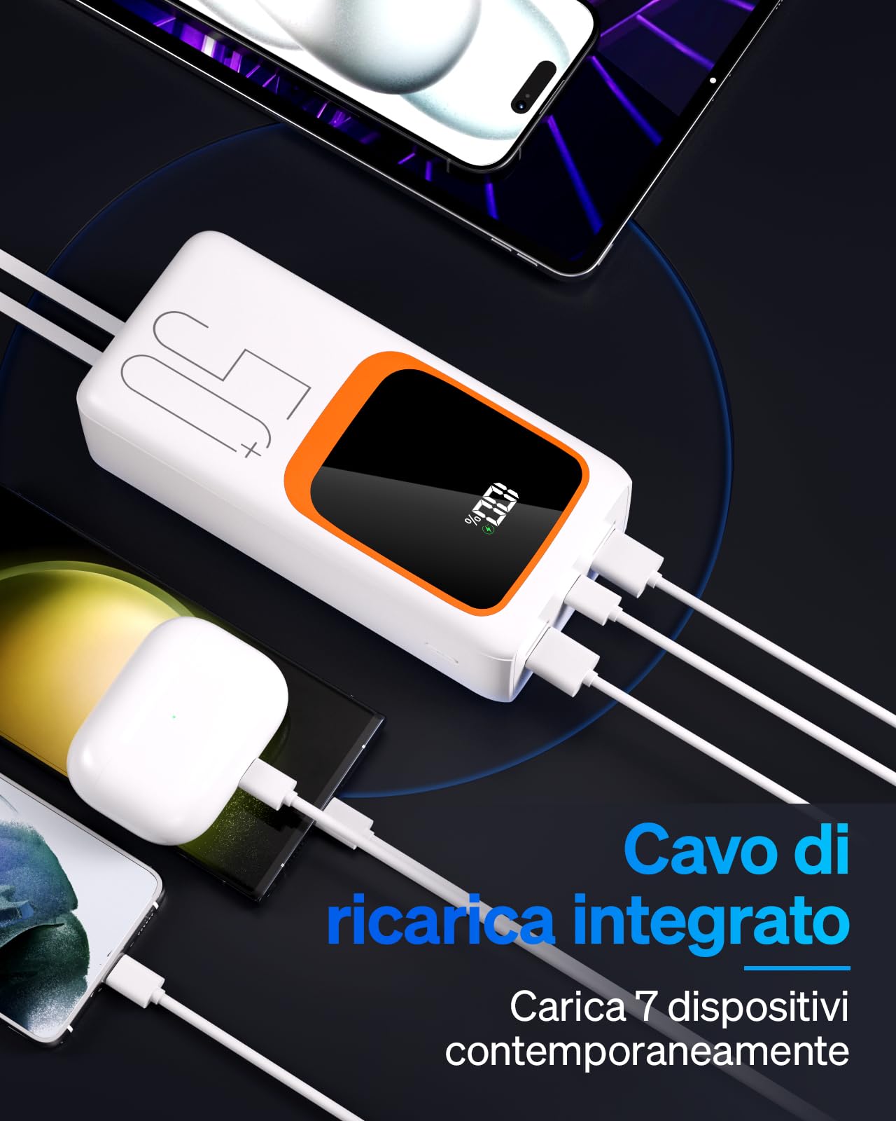 50000mAh Power Bank con cable incorporado: Batería externa de carga rápida de 22.5W con gran capacidad, cargador portátil con linterna LED y 7 salidas y 3 entradas-Blanco MP3 with
