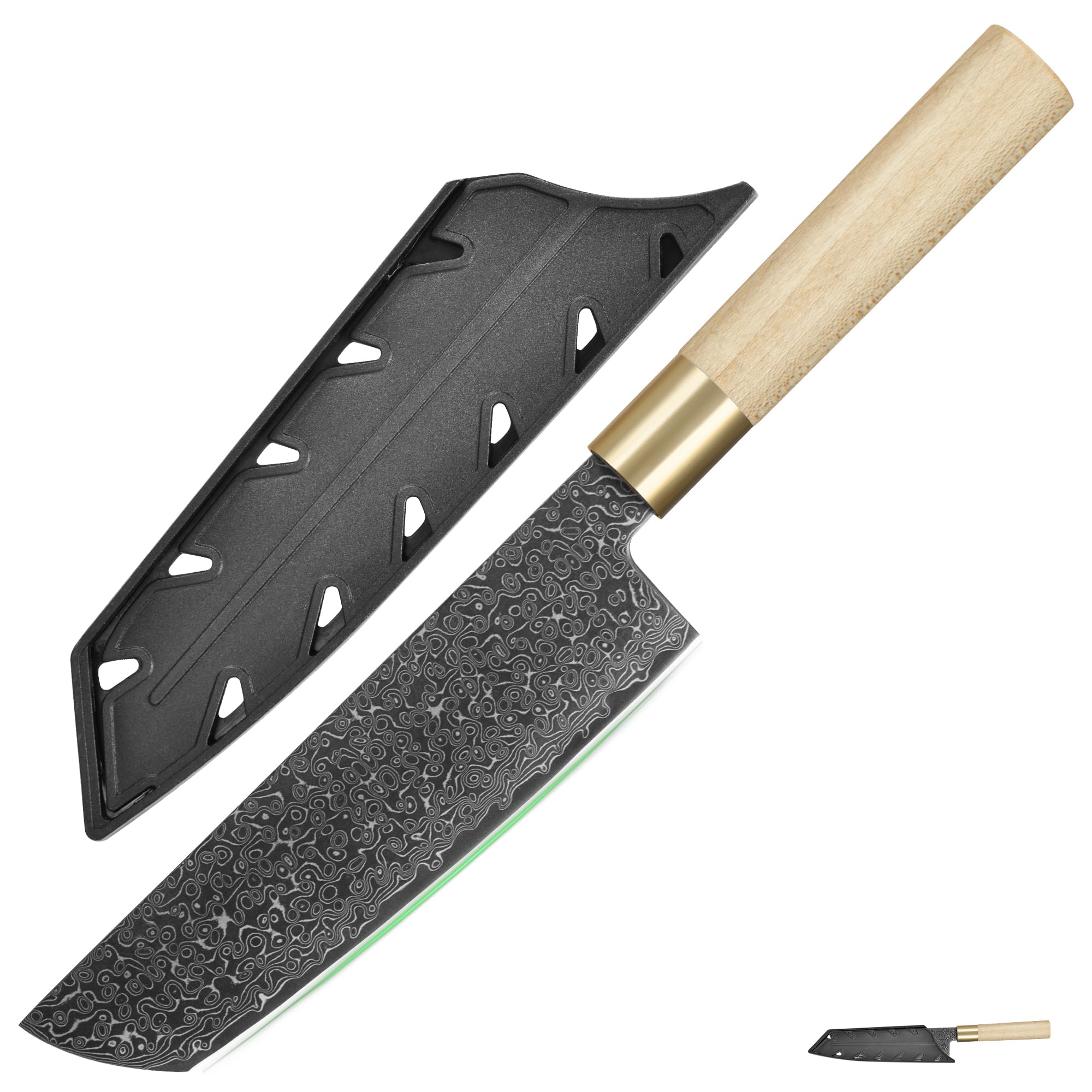 FULLHI Japanisches Messer Schwarzer Damaszener Stahl mit Scheide, Holzgriff Gyutou sashimi Kochmesser Küchenmesser mit Box für Mann Frauen Geschenk (Nakiri-Messer)