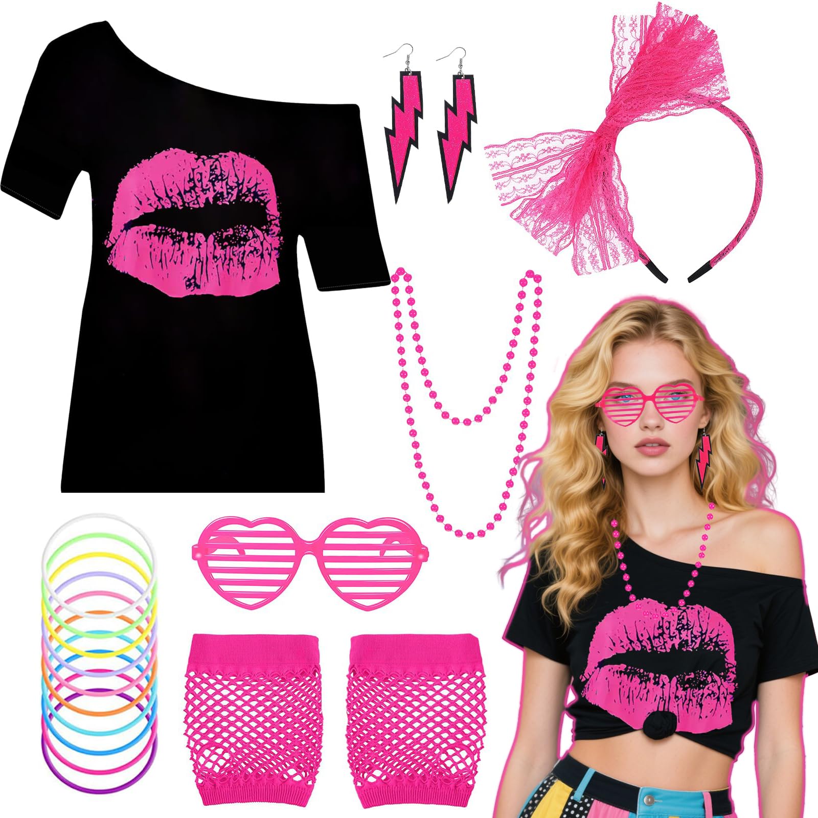 7PCS 80s Costume Accessories Set for Women 1980s Retro Outfit with T-shirt Headband Lightning Earrings Necklace Bracelet Mesh Sleeves Glasses Fancy Dress for 80s Theme Party