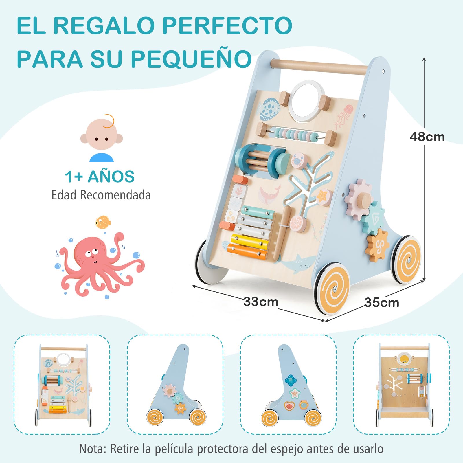 COSTWAY Andador Bebés de Madera 8 en 1, Carrito Correpasillos con juguetes y actividades, Caminador para Bebé Montessori con Ruedas, Tacata Bebe con Accesorios