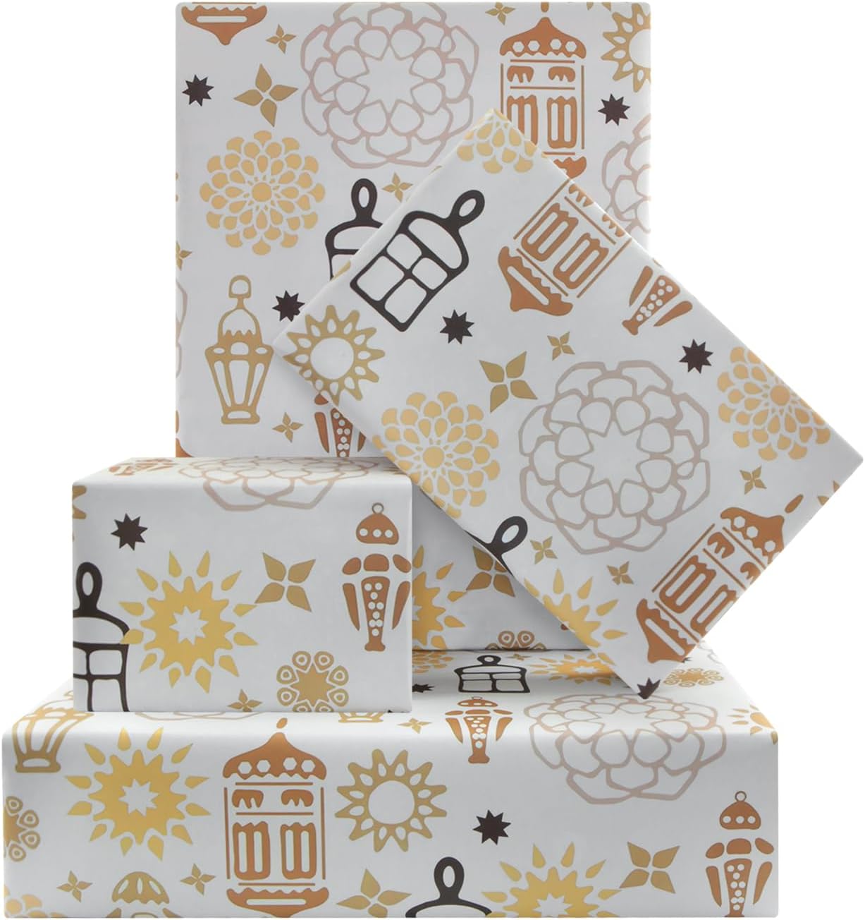 Eid Mubarak Wrapping Paper, White Islamic Ramadan Gift Wrap Paper with Mandala,Lantern,Mosque Pattern for Eid al-Fitr, Ramadan Muslim Celebration - 4 Folded Sheets 20x28 Inches