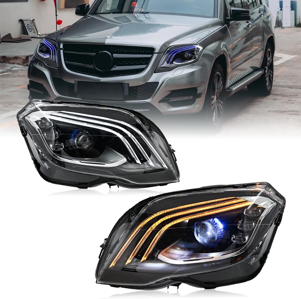 letsdate Projector Headlights Compatible For Benz GLK-Class GLK350 GLK250 Bluetec Halogen Only 2013-2015 w/Blue Animation w/Amber Turn Signal, No Need Bulbs 2PCS