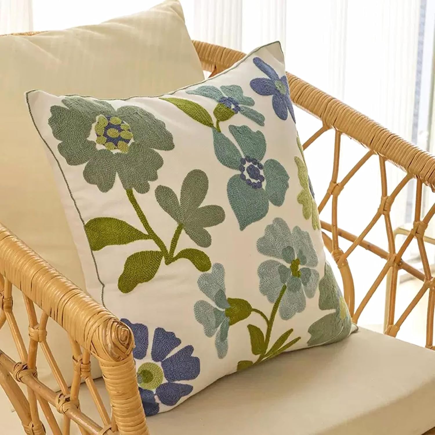 Starella 2 Pack Embroidered Floral Throw Pillow Covers 18x18 Spring Summer Boho Home Decorative Pillowcases for Bedroom Couch Farmhouse Sofa Blue Flower