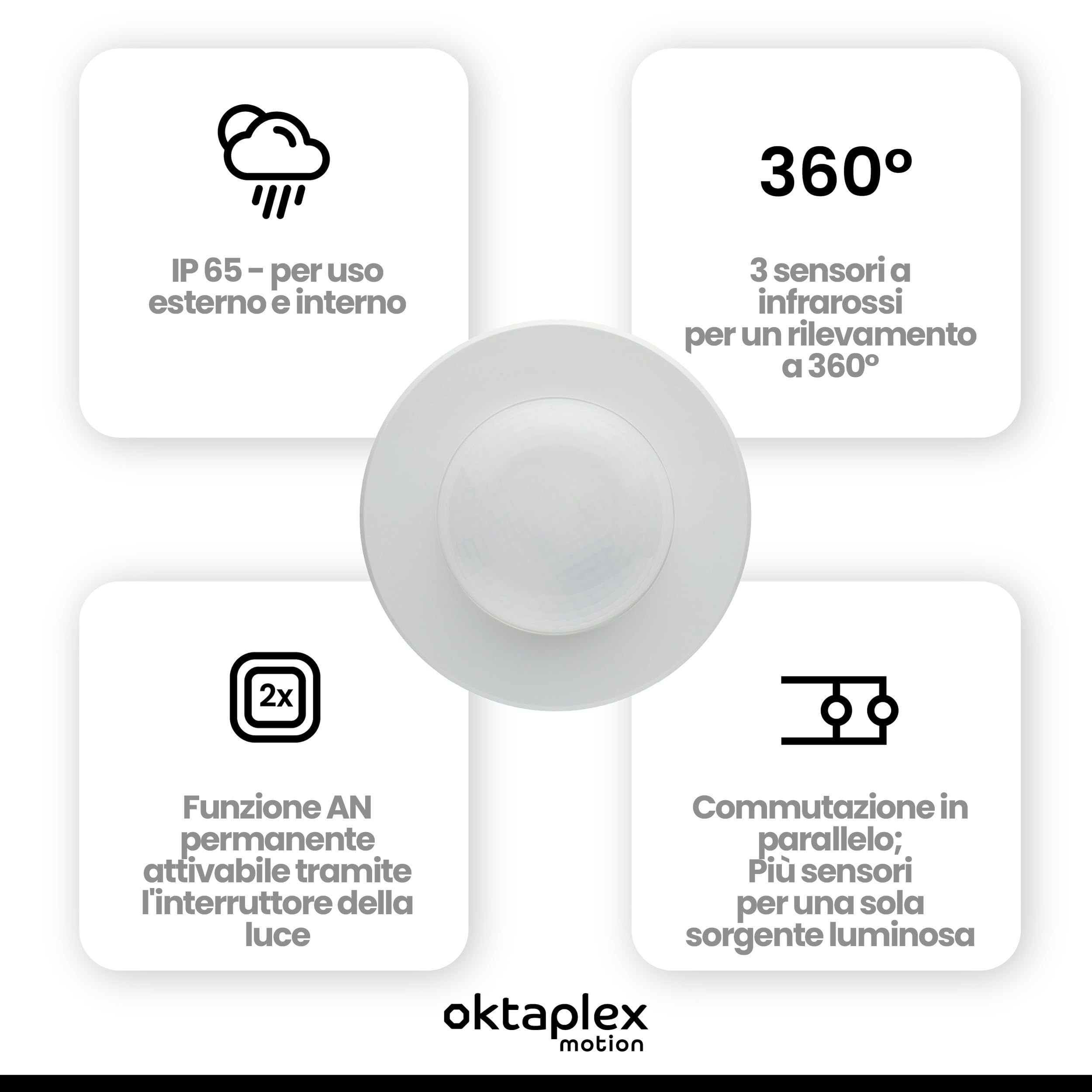Oktaplex set da 2 Pia sensori di movimento 360° PIR bianchi | Sensori di presenza per luci IP65 230 V, montaggio esterno bianco