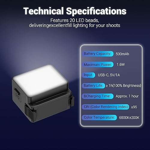 Miniatura 6 de JJC Luz auxiliar magnética para DJI Osmo Action 5 Pro 4 3, mini luz de video LED recargable, para grabación de vlog selfie, luz impermeable IPX5