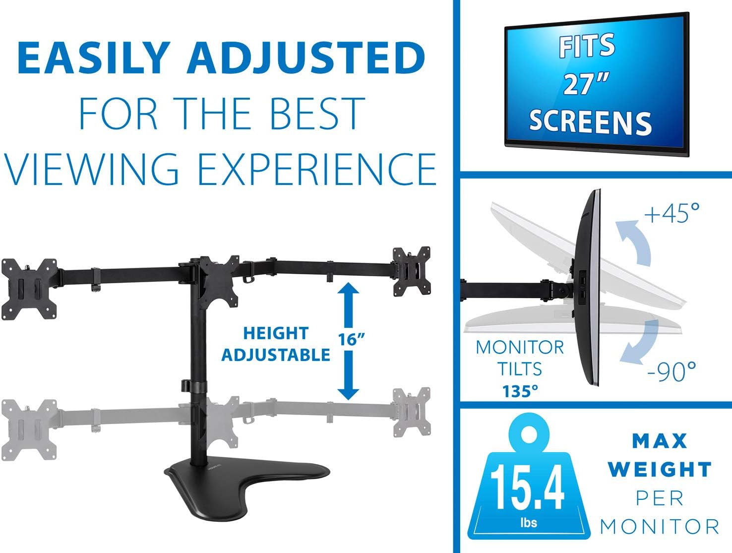 Best Deal 🛒 Mount-It! Triple Monitor Stand | 3 Monitor Stand Fits 19 20 21 22 23 24 Inch Computer Screens | Free Standing Base | Three Heavy Duty Full Motion Adjustable Arms | VESA Compatible