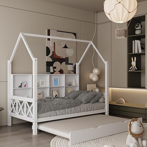 Miniatura 8 de Cama individual con cama nido y techo para niños, marco de cama de madera tamaño individual con estantes de almacenamiento, barandillas de madera,