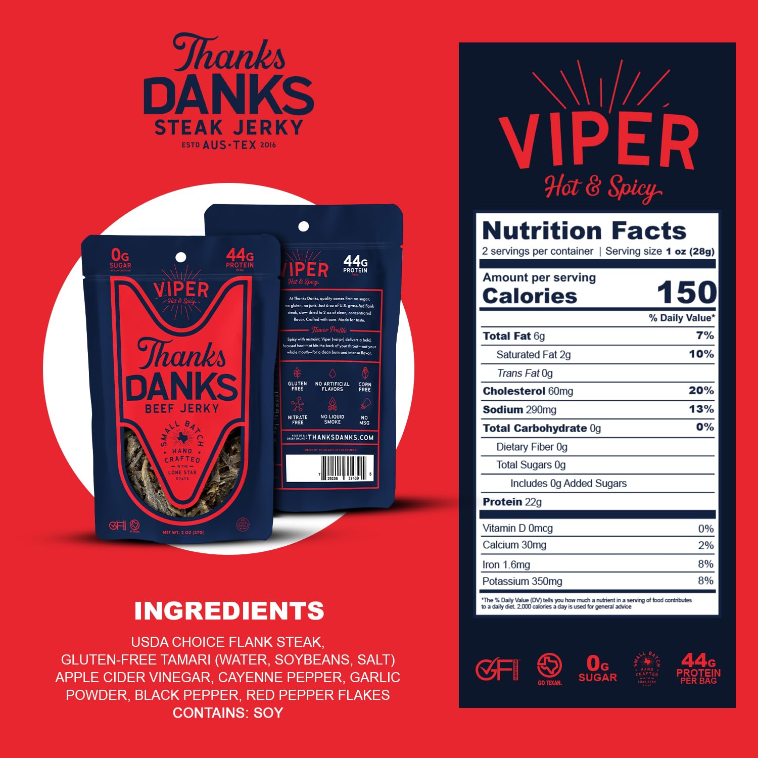 Thanks Danks - Viper - Small Batch Grass-Fed Steak Jerky - Free of Sugar, Gluten, & Nitrate - Guilt-Free Protein Snack - 57g (3 Pack)