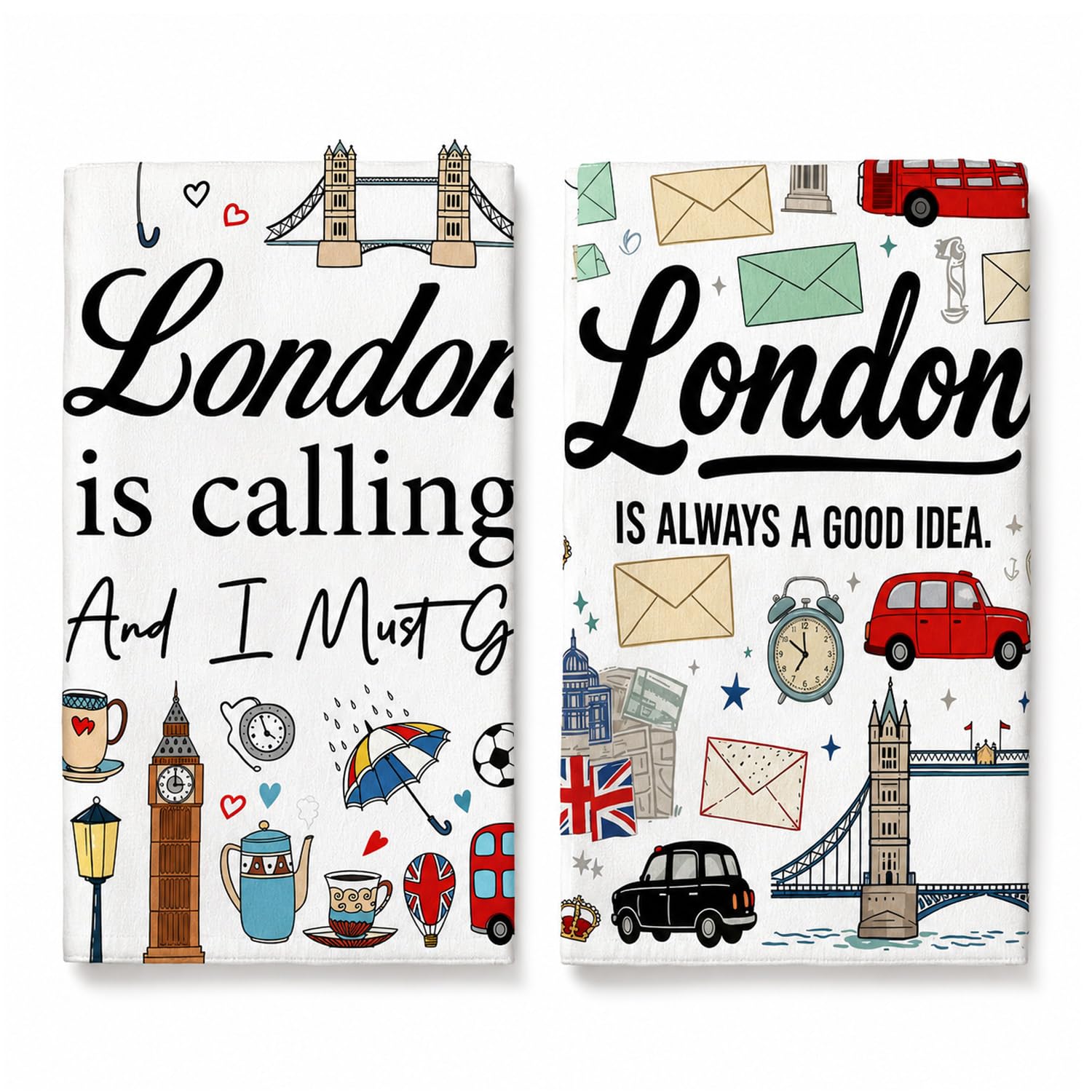 Nodrex 2 Pcs London Tea Towels, British Themed Tea Towels Gifts with Landmark Print, Microfiber Kitchen Towel, London Souvenir Tea Towel 15.7×23.6 Inches