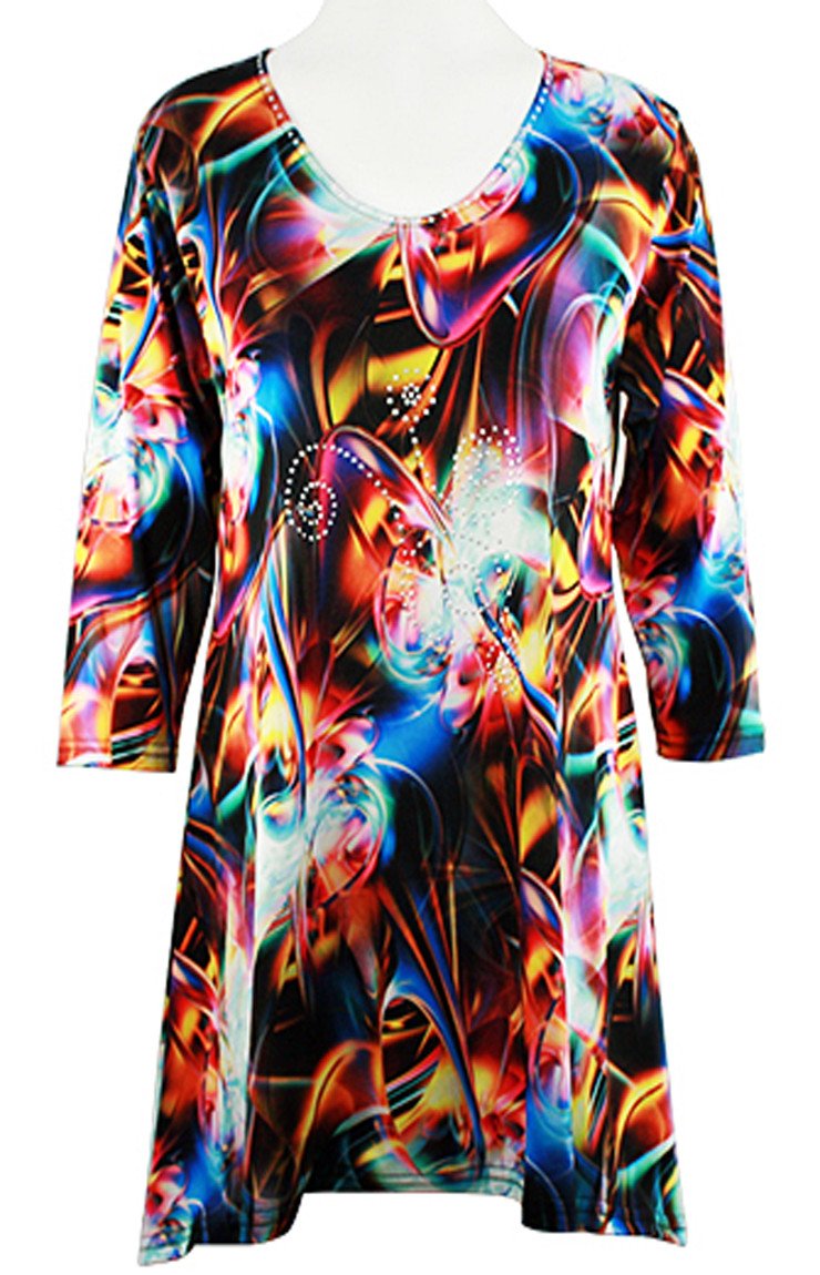 Color Surround, 3/4 Sleeve V-Neck Tunic Rhinestone Highlights