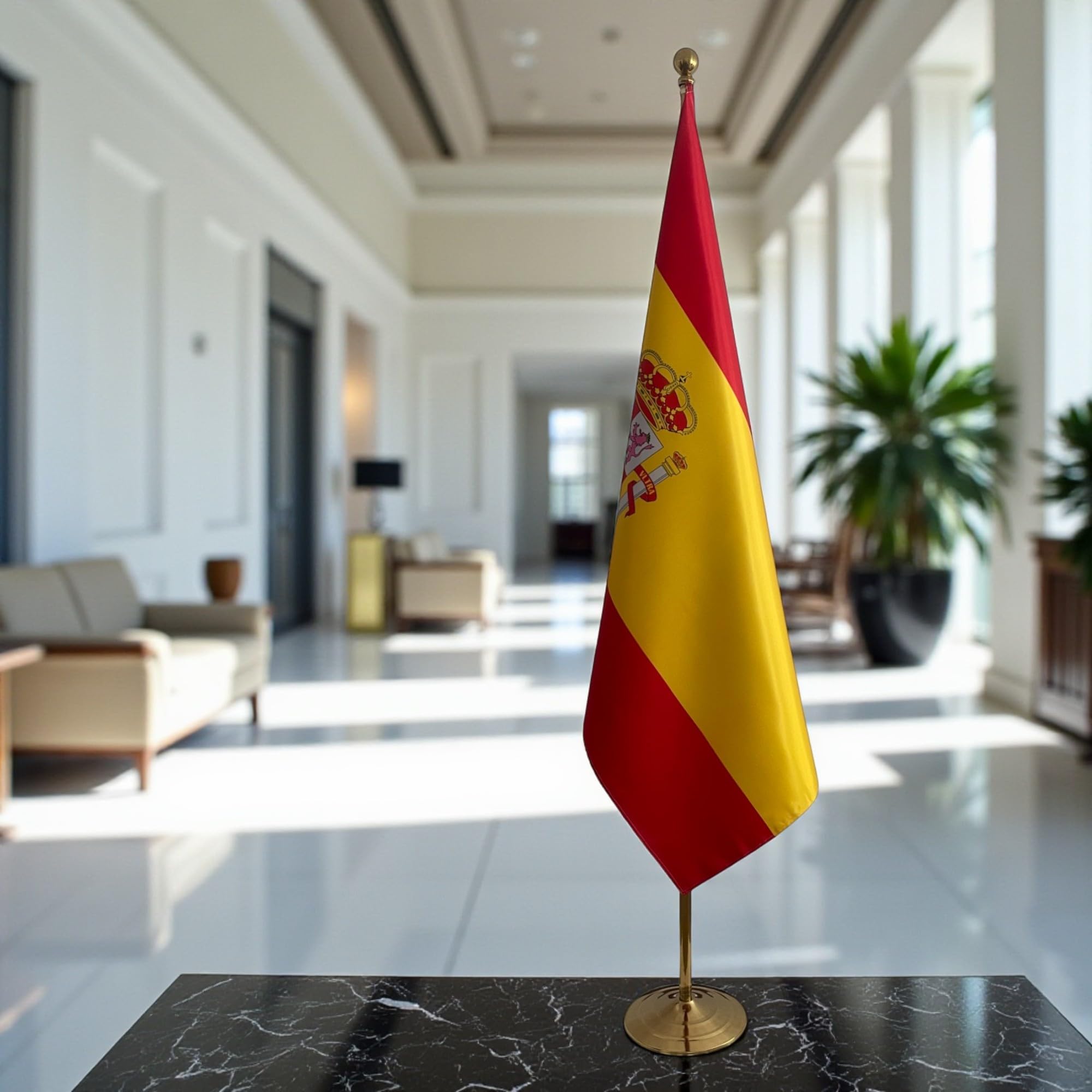 Bandera de España con mástil y pie. Bandera Española para Oficina. Bandera de España en hampe. Código CN6-ES