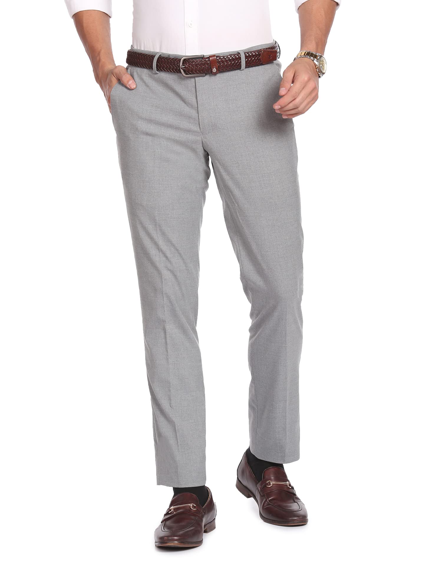 arvind Smart Waist Heathered Formal Trousers-picture-12