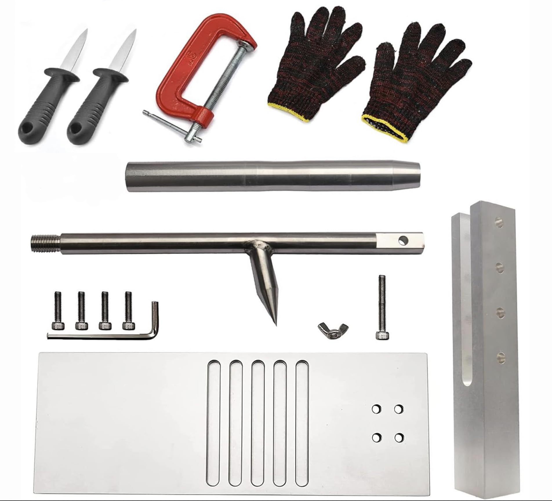 Oyster Shucker Tool Set, Oyster Clam Opener Machine, Adjustable Coconut Opener Tool, Stainless Steel Oyster Shucker, Shucking Knife Tool Set with 2 Knives & Gloves & G-clip
