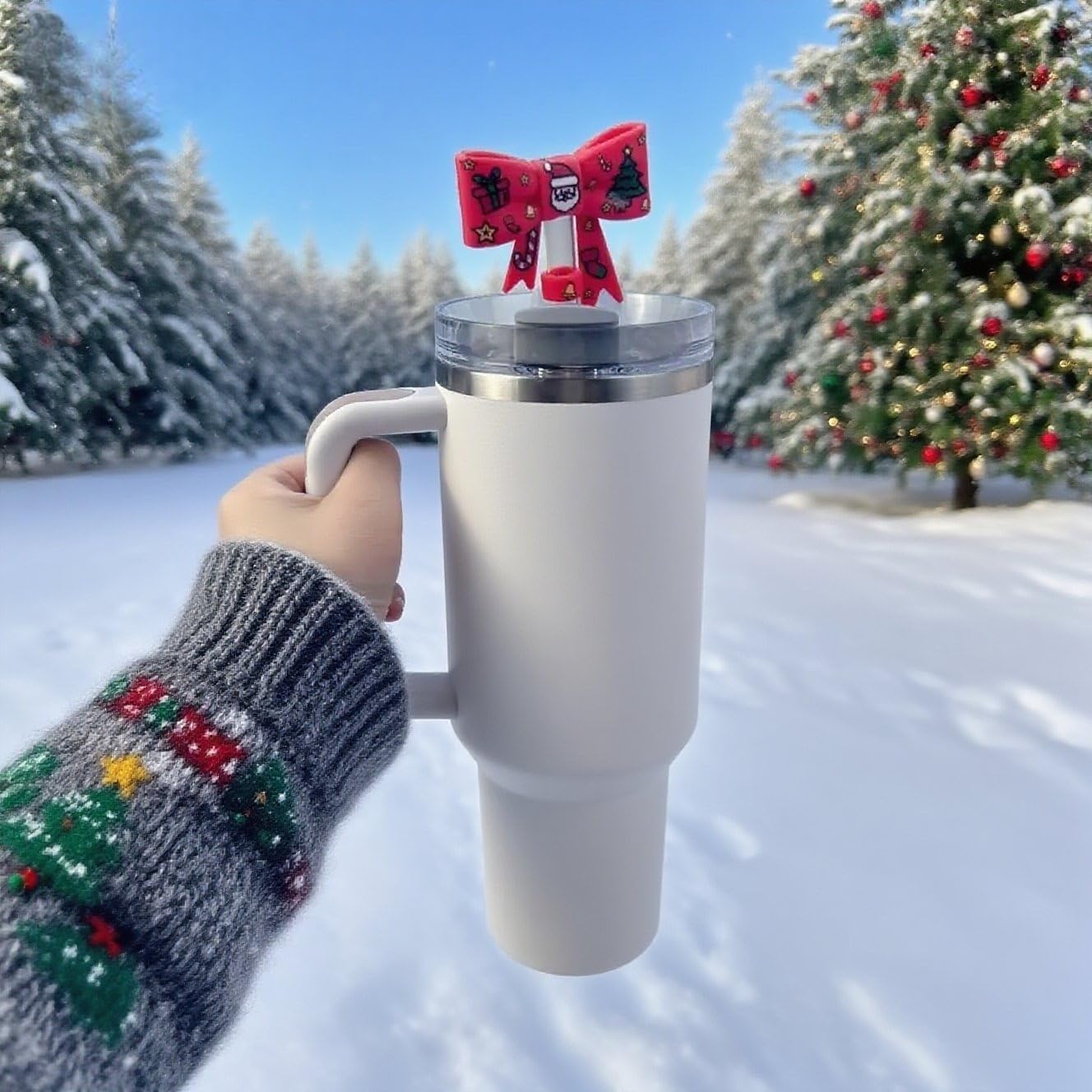 Christmas Straw Cover for Stanley Cup 10mm 0.4in Bow Shape Silicone Straw Topper for Stanley Tumbler 30Oz&40Oz (3PCS White Red Green) - Image 5