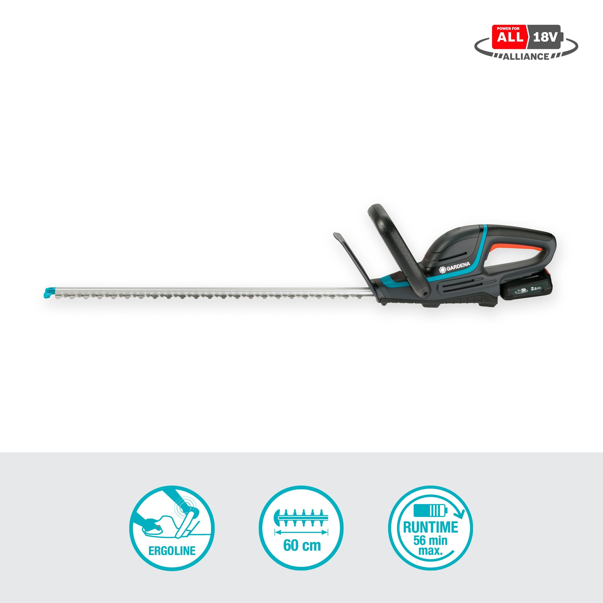 Gardena Akku-Heckenschere ComfortCut 60/18V P4A Ready-to-Use Set: Ergonomisch, Messergeometrie, Leichtgewicht, Akkustand, Kabellos (14731-20)