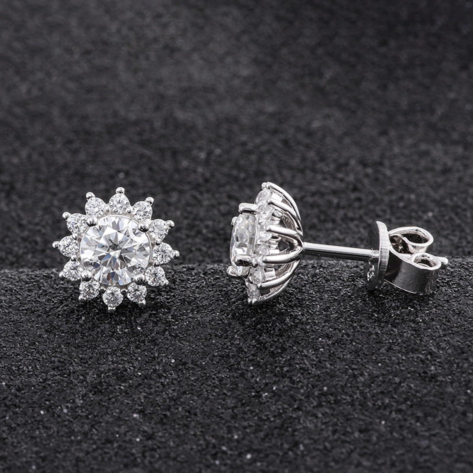 Pendientes Mujer Girasol con Moissanita de 0.5ct y Circonita, Oro Blanco 9K/14K/18K/Plata de Ley 925, Joyería Pendientes de Botón con Piedra