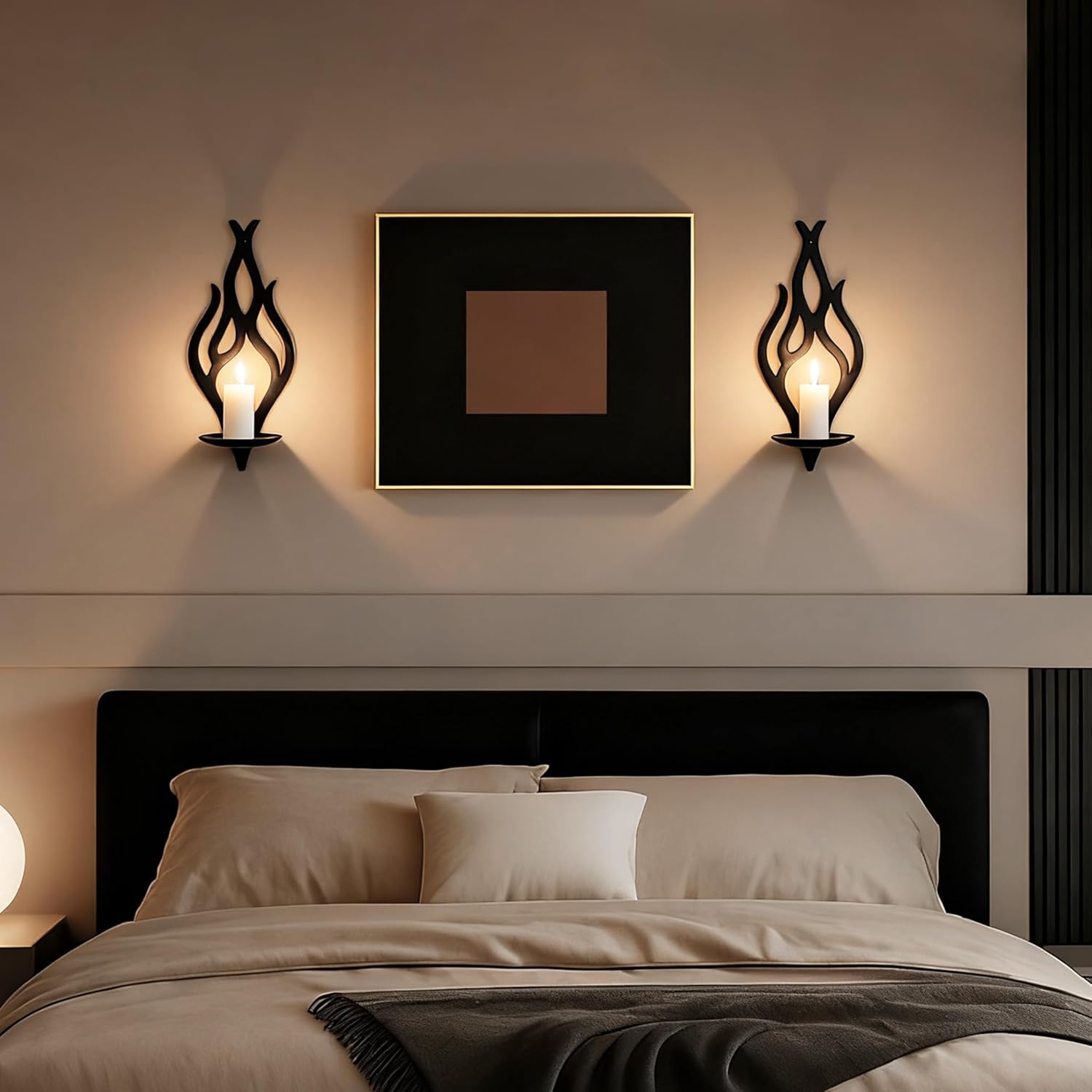 Wall Candle Sconces Set of 2, Modern Minimalist Metal Candle Holders for Pillar, Tealight, and LED Candles, Flame-Shaped Decorative Wall Decor for Living Room Dining Room (Black)