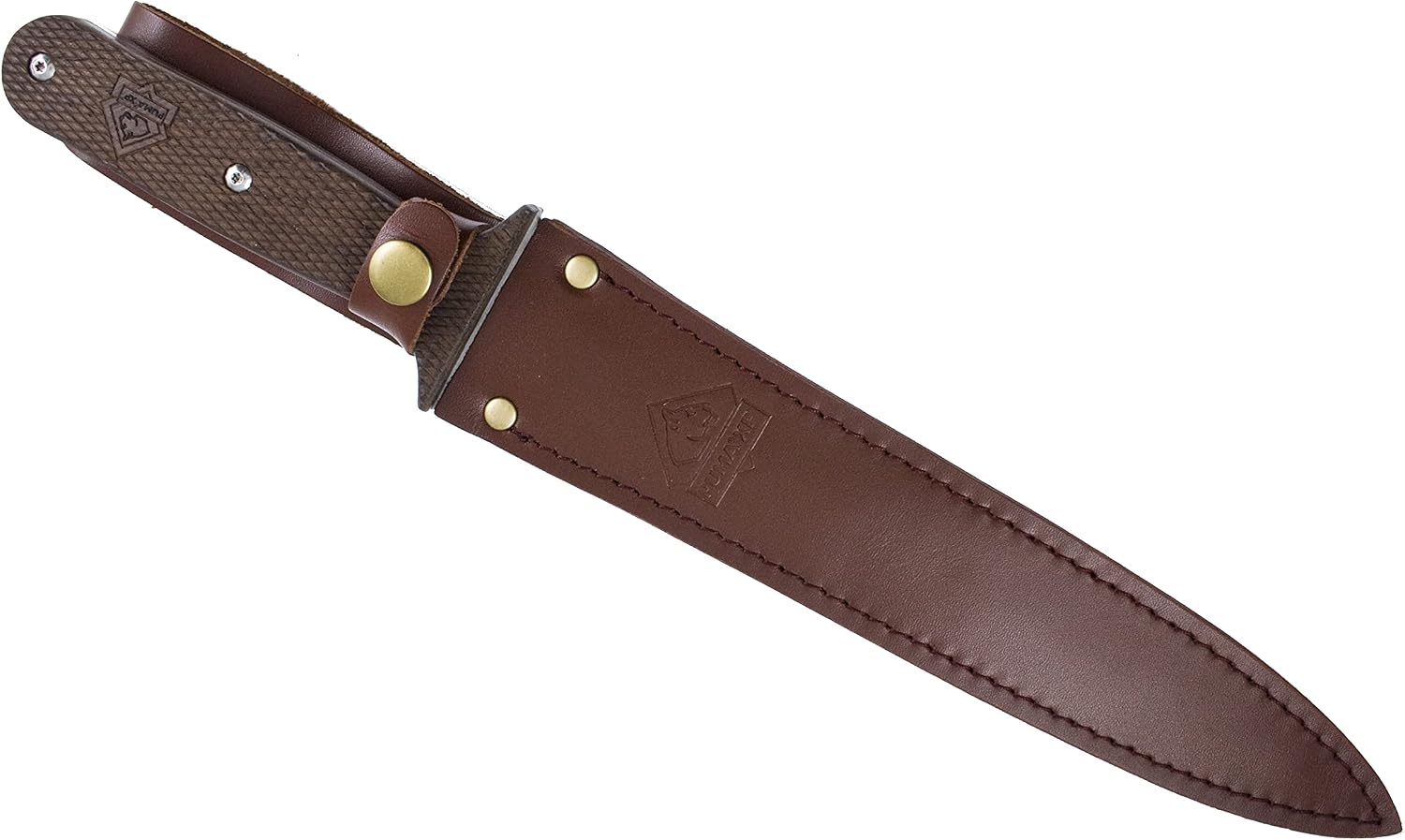15" Pig Sticker Textured Brown Pakkawood Beveled Blade with Leather Sheath