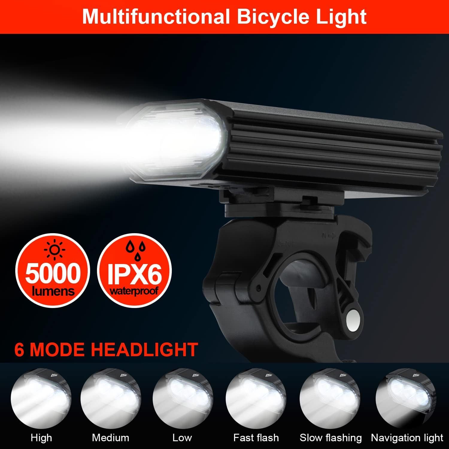 Image showing the Victagen bike headlight with 5000 lumens and IPX6 waterproof rating, illustrating its six different light modes: High, Medium, Low, Fast flash, Slow flashing, and Navigation light.