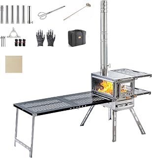 M6 Wood Burning Stove with Oven, 908 cu in Large Firebox & 3 Air Vents, Stainless Steel Camp Stove with Foldable IGT Table, Ash Drawer & 6 Chimney Pipes for Outdoor Cooking, Camping