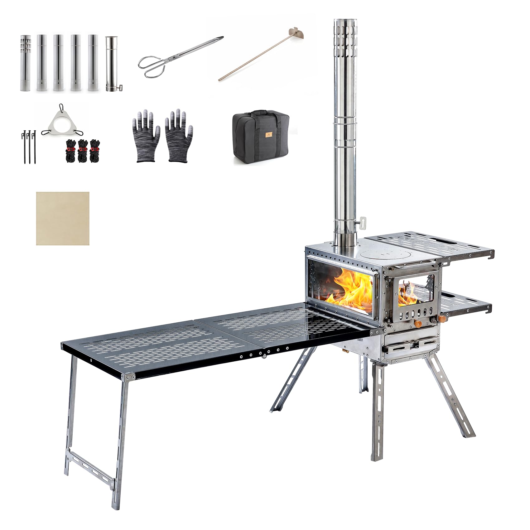 Estufa de leña, estufa de leña, estufa de tienda de campaña caliente, estufa de campamento portátil de acero inoxidable con horno y mesa de campamento y 6 tubos de chimenea para exteriores, camping