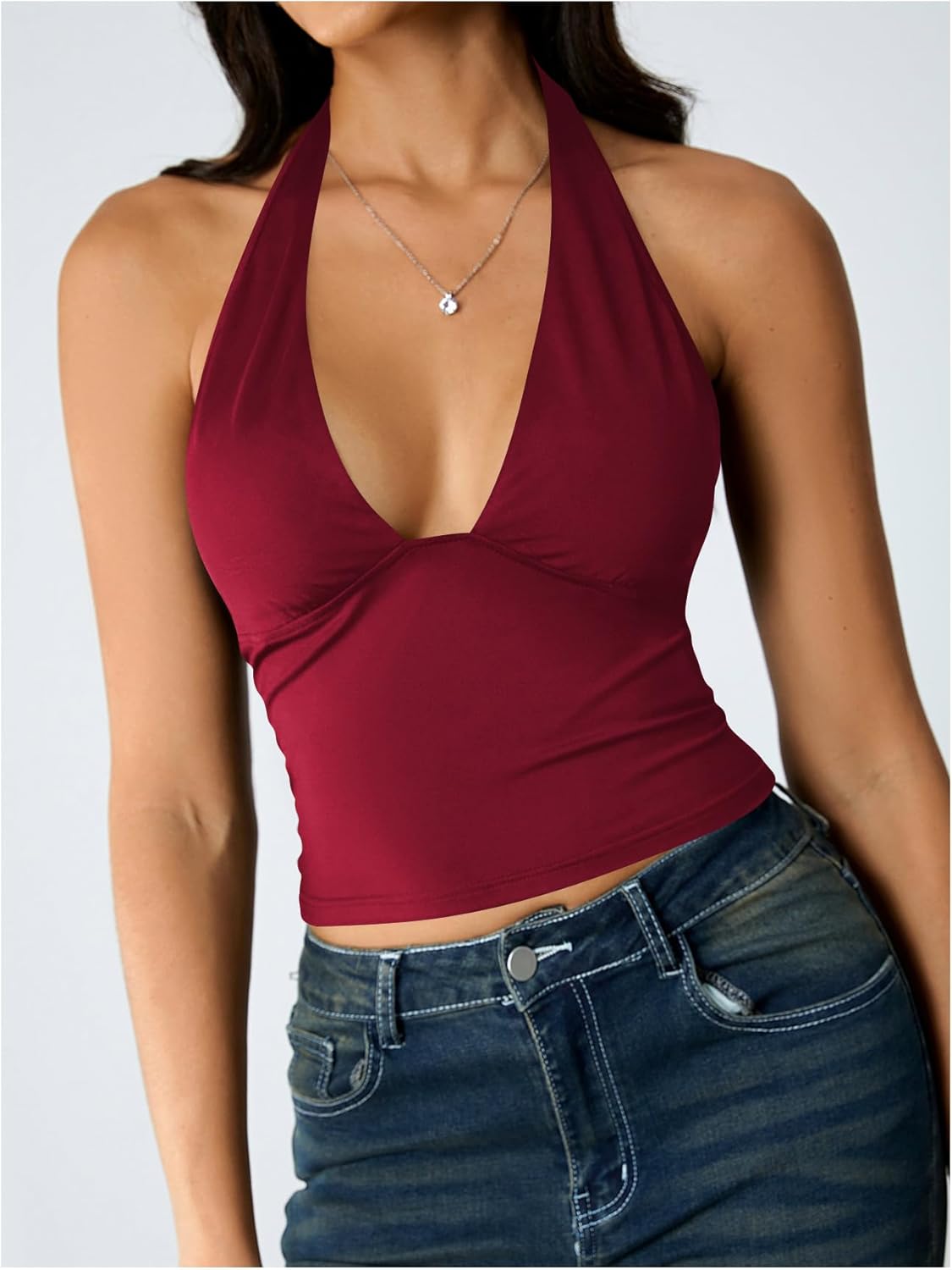 SOLY HUX Women's Y2K Halter Crop Tops V Neck Sleeveless Backless Going Out Slim Fit Tops - Image 3