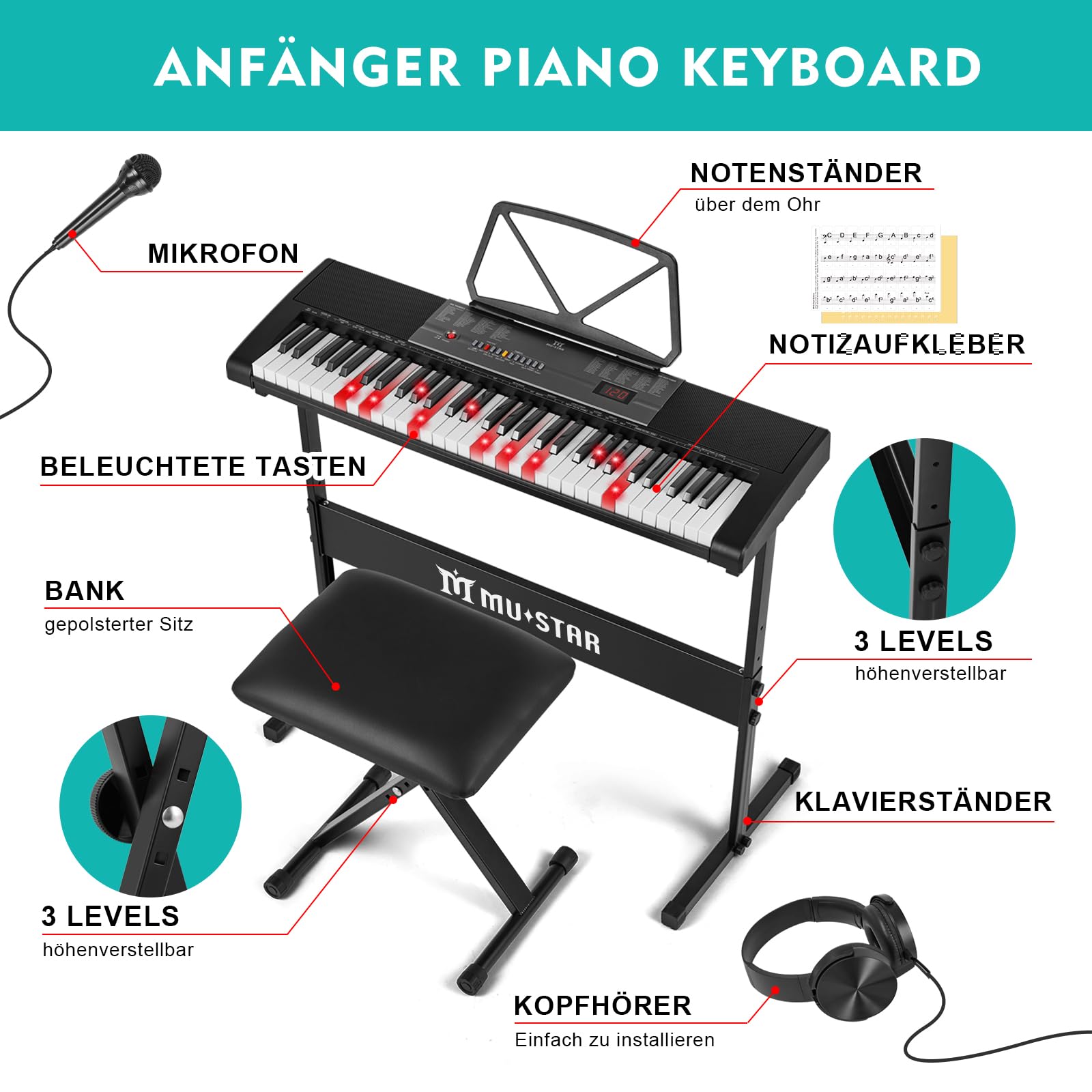 MUSTAR 61 Key Digital Piano Keyboard mit Leuchttasten, Keyboard Piano für Anfänger, mit intelligenter Lernfunktion