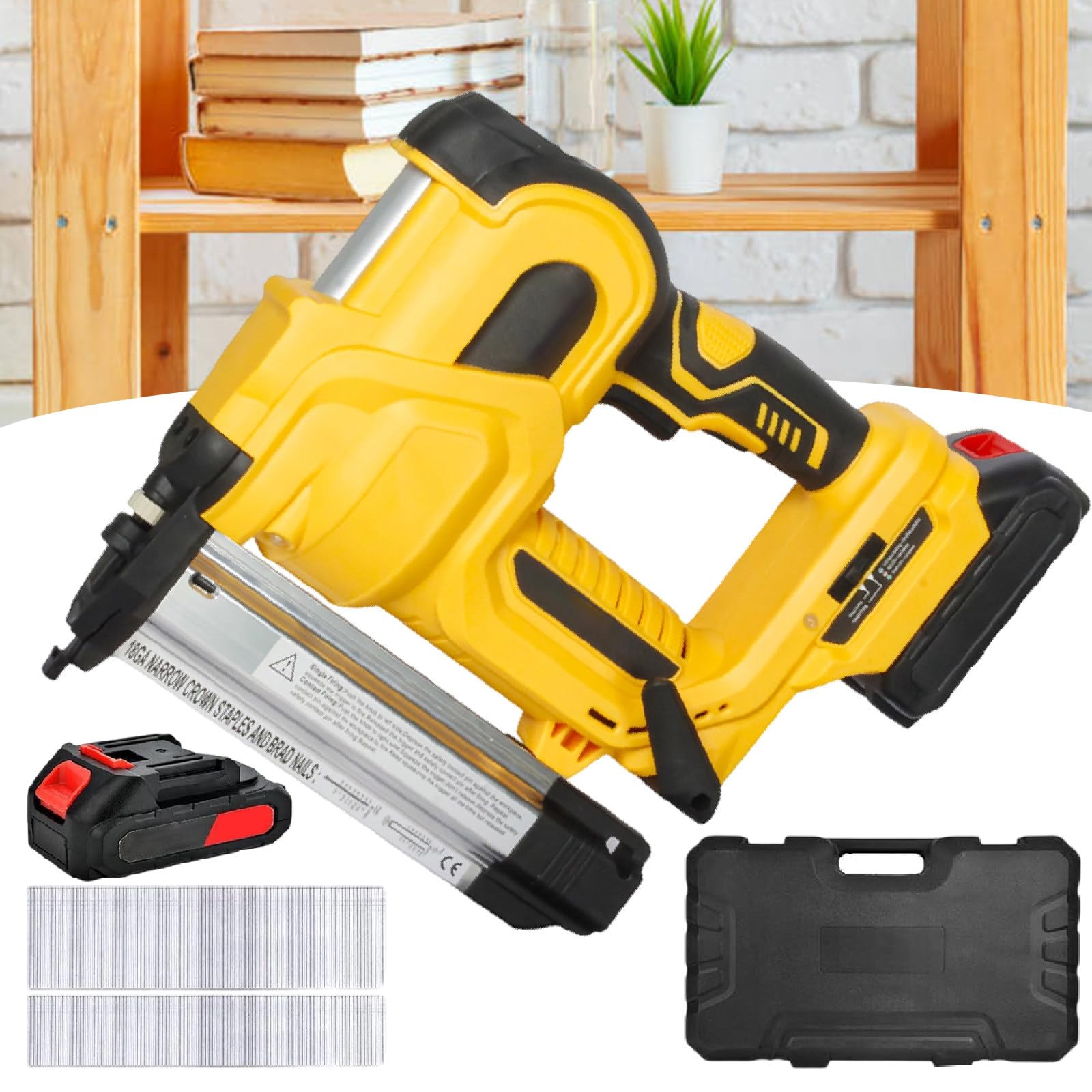 Clavadora Clavos Eléctrica Inalámbrica,para Proyectos Bricolaje De Tapicería Y Carpintería,Clavo En Forma U/Clavo Recto, Indicadores Led Dobles,con Guantes,1 Batería Y 400 Clavos,Yellow