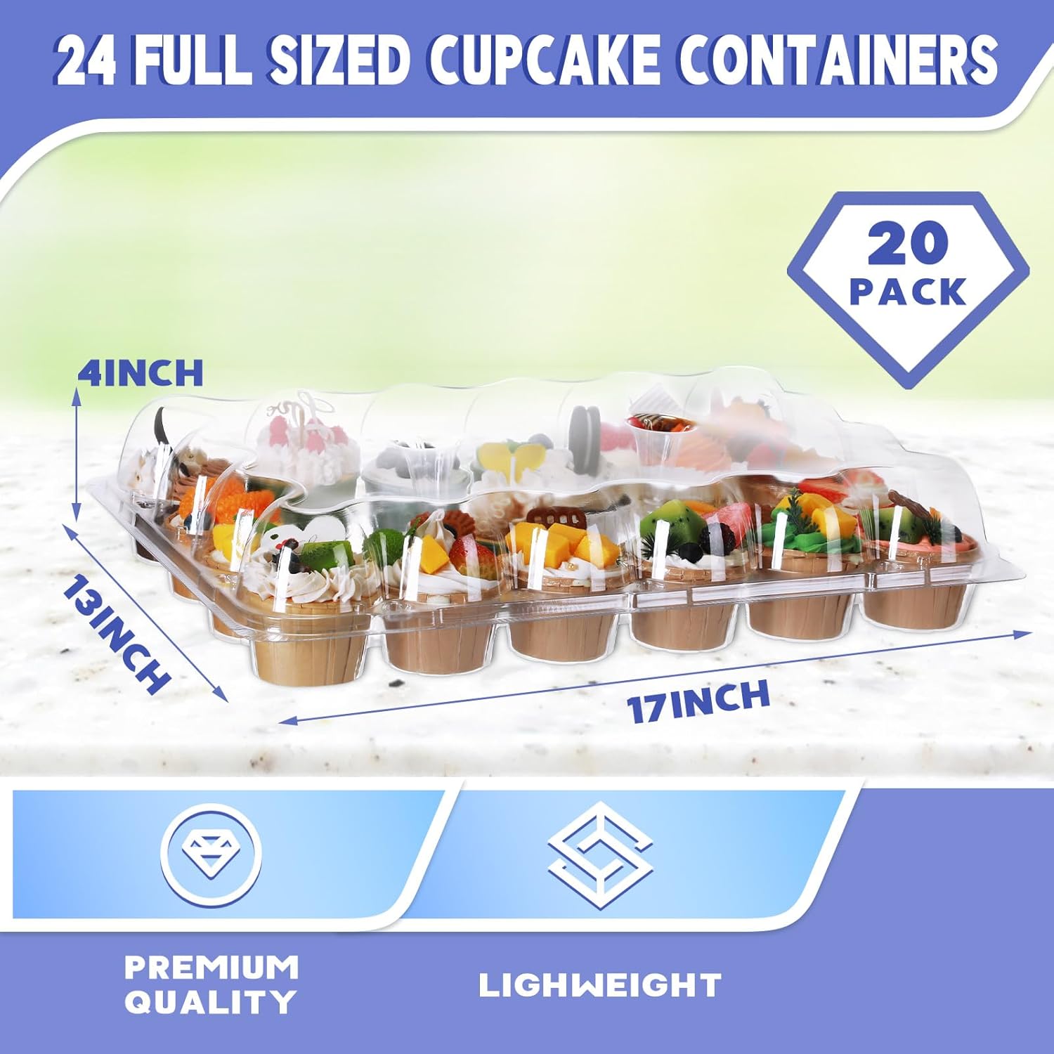 Zopeal 20 Sets Cupcake Containers 24 Count Cupcake Holders Stackable Boxes Clear Disposable with Detachable Tall Dome Lid for Wedding Birthday Kitchen Baking Supplies