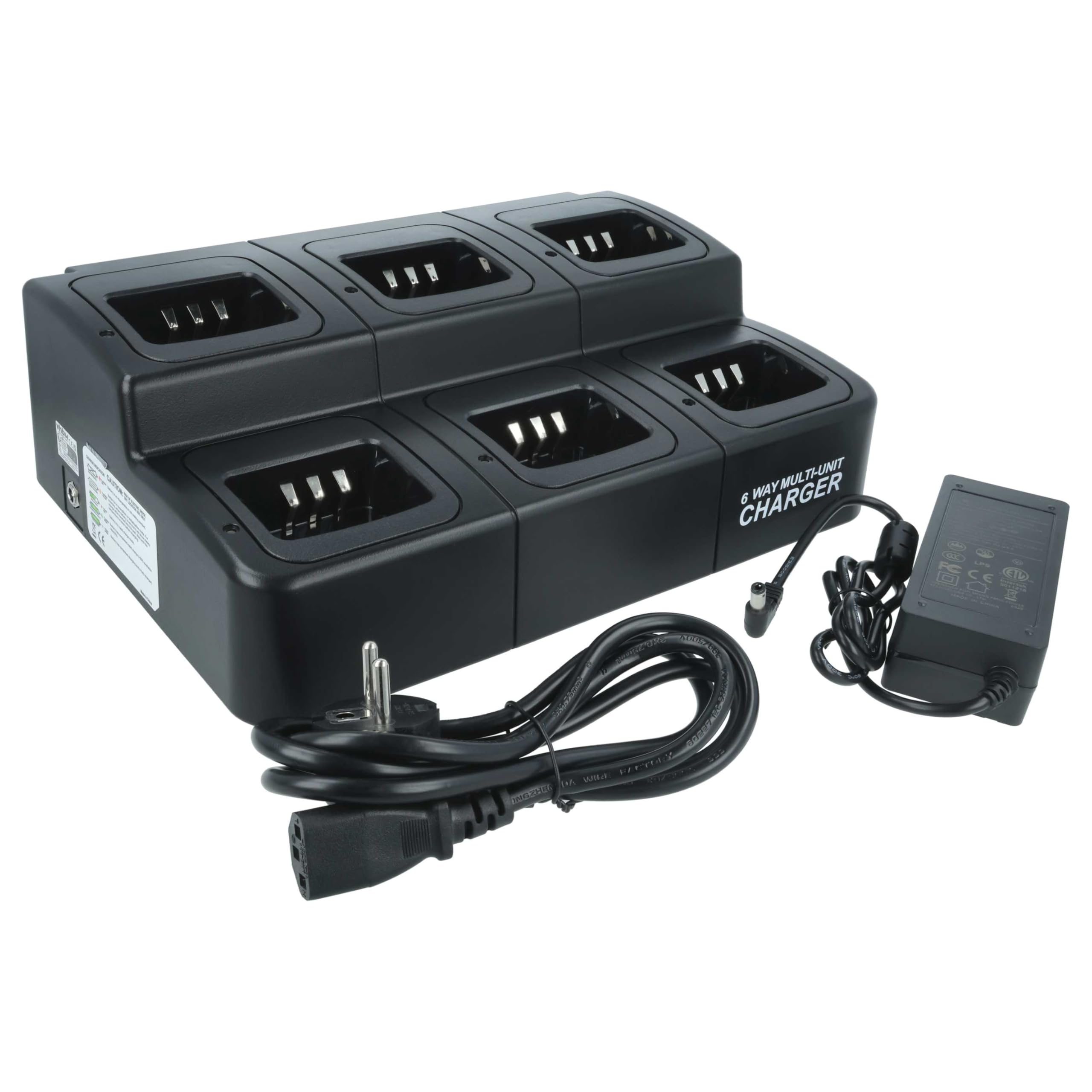 vhbw Cargador 6 Compartimentos Compatible con Kenwood KNB-45, KNB-45L baterías de Radio - Estación de Carga + Cable Corriente, 9-12 V, 6 A