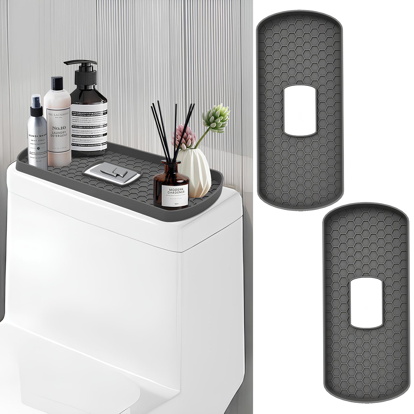 BestMal Silicone Storage Tray for Toilet Tank, 2Pcs Over The Toilet Shelves Toilet Tank Top Paper Storage Organizer, Countertop and Vanity Tray Mat for Kitchen 13.8'' x 5.9''