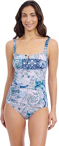 Profile by Gottex Women's Blue Multi Paisley Print Round Neck U Wire Shirring Ta