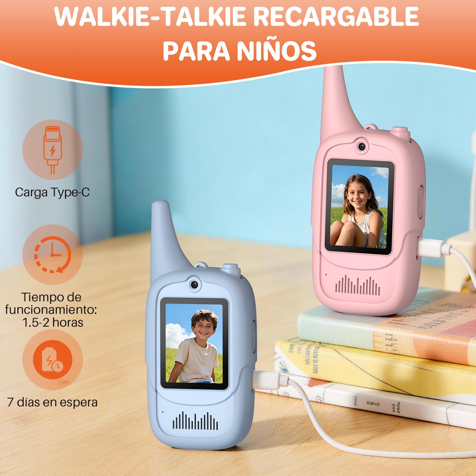FUNYKICH Walkie Talkie de Video para Niños 3-12 Años(Paquete de 2), Walkie Talkies Recargable con 6 Efectos de Voz, Largo Alcance 350M, Regalo Ideal Cumpleaños, Hogar,Exterior,Patio,Senderismo — view 5